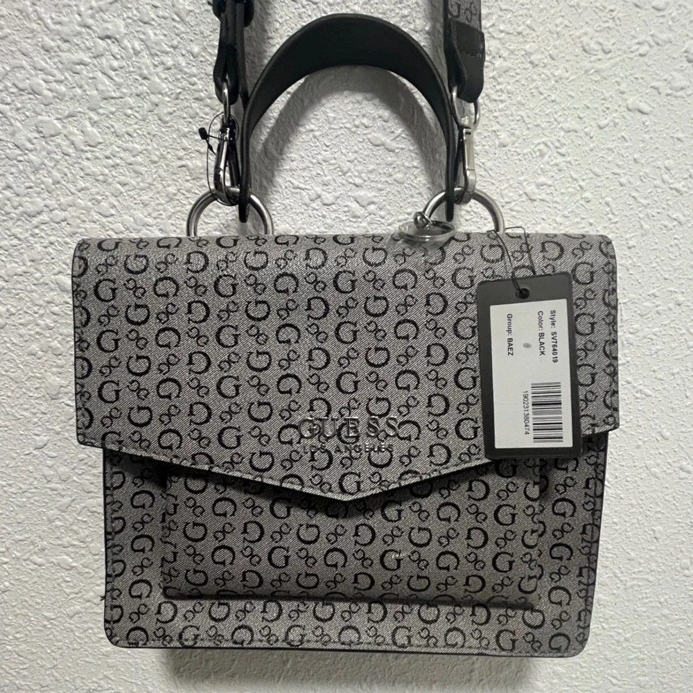GUESS Baez Crossbody Handbag Black Grey Monogram Flap Top Handle Purse NWT Flaw